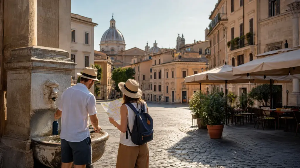 Viaggiatori riempiono borracce in una piazza di Roma durante una giornata calda