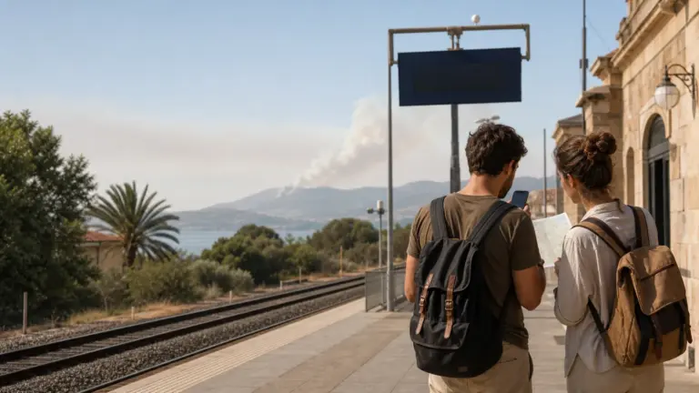 Viaggiatori in stazione durante allerte per incendi in Francia e Spagna