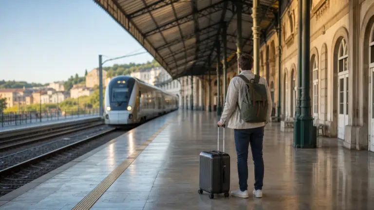 Viaggiatore con valigia attende un treno in una stazione europea