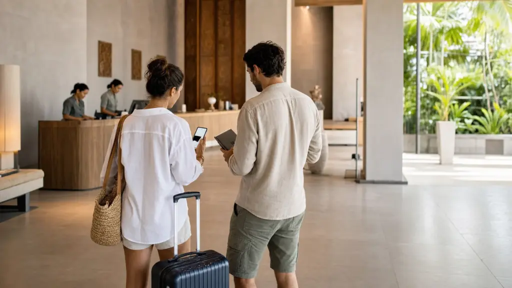 Viaggiatori consultano informazioni per il check-in in Thailandia