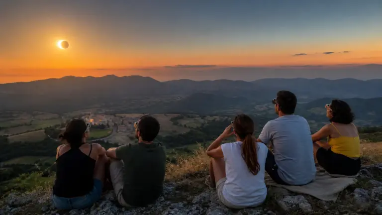 Viaggiatori osservano un’eclissi solare al tramonto da un punto panoramico nel nord della Spagna