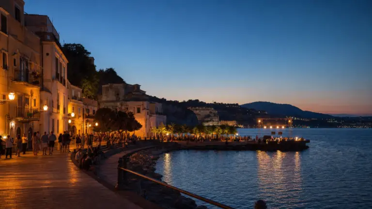 Lungomare di Bacoli illuminato durante una serata estiva nei Campi Flegrei