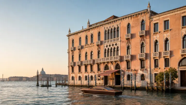 Palazzo veneziano sul lungolaguna all’alba, immagine editoriale della riapertura dell’Hotel Danieli