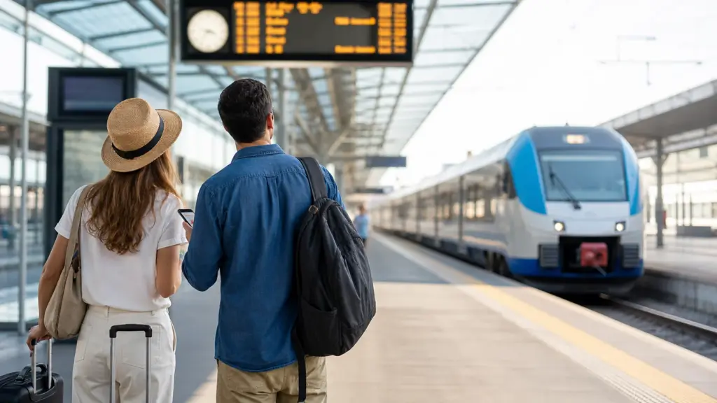 Viaggiatori consultano gli orari accanto a un treno in stazione