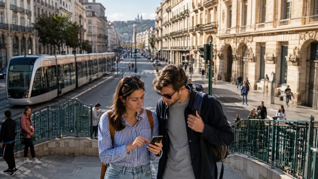 Coppia Turisti Tram Telefono Citta
