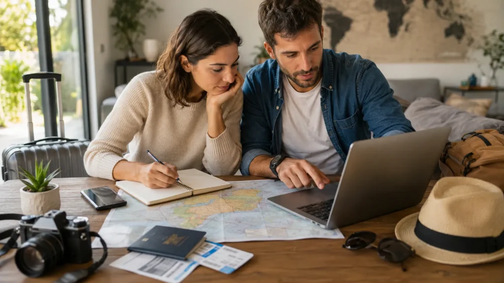 Couple Planning Trip Map Laptop