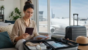 Donna Controlla Passaporto Valigia Aeroporto