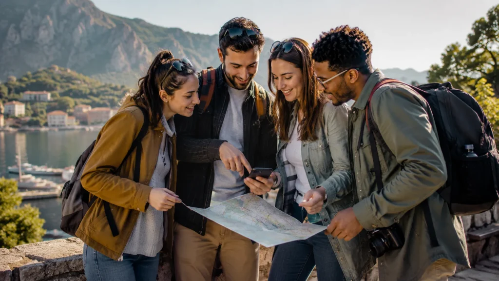 Viaggiatori Mappa Smartphone Citta Costiera
