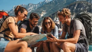 Ragazzi Escursionisti Mappa Montagne