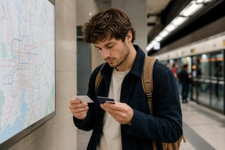 Viaggiatrice confronta abbonamento trasporti e biglietti singoli su una mappa urbana