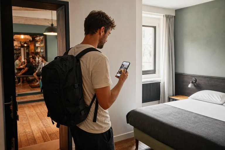Viaggiatore confronta una camera privata in ostello e un hotel economico