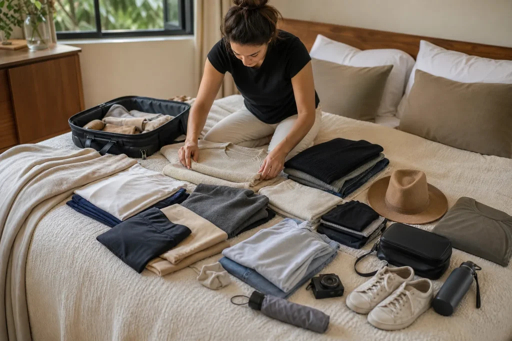 Capsule wardrobe da viaggio con pochi capi coordinati su un letto