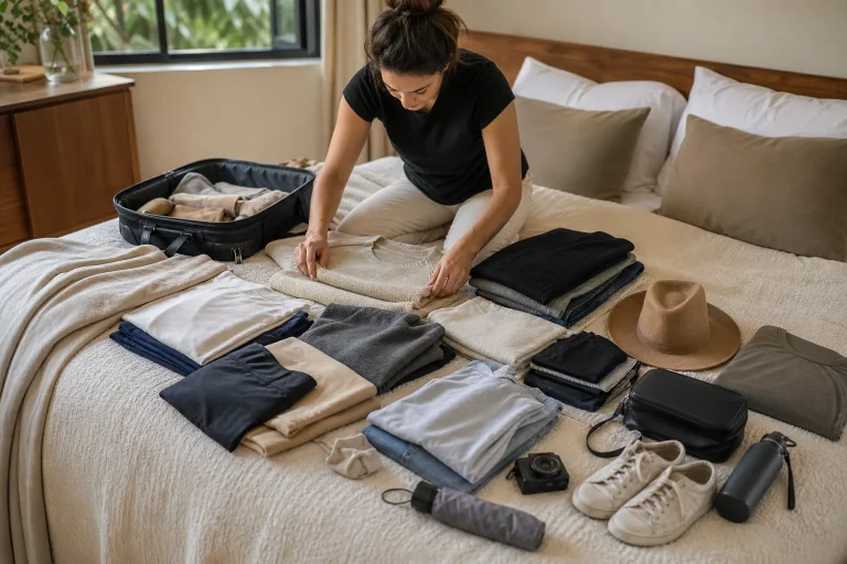 Capsule wardrobe da viaggio con pochi capi coordinati su un letto