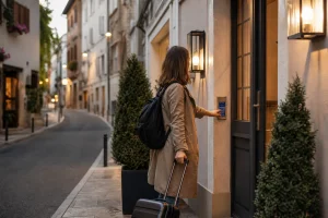 Viaggiatrice usa un codice per il check-in tardivo in un alloggio