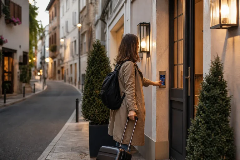 Viaggiatrice usa un codice per il check-in tardivo in un alloggio