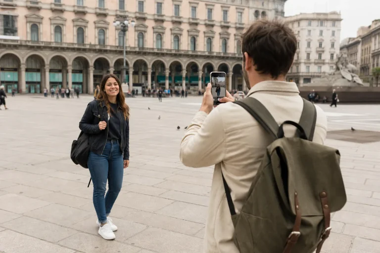 Chiedere foto a uno sconosciuto: viaggiatore chiede una foto a un’altra turista in una piazza