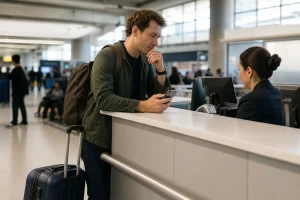 Viaggiatore controlla il nuovo itinerario dopo una coincidenza persa