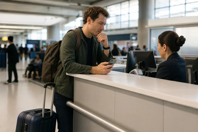 Viaggiatore controlla il nuovo itinerario dopo una coincidenza persa