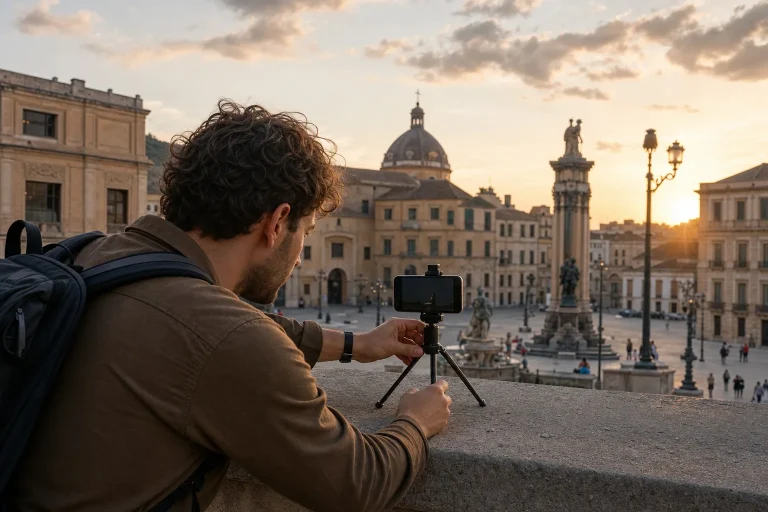 Viaggiatrice usa un piccolo treppiede per fare foto durante un viaggio da sola