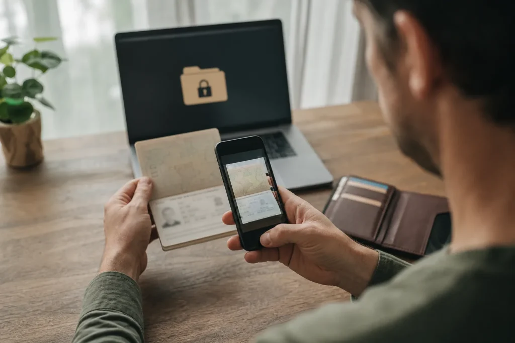 Viaggiatore crea copie digitali protette dei documenti prima della partenza