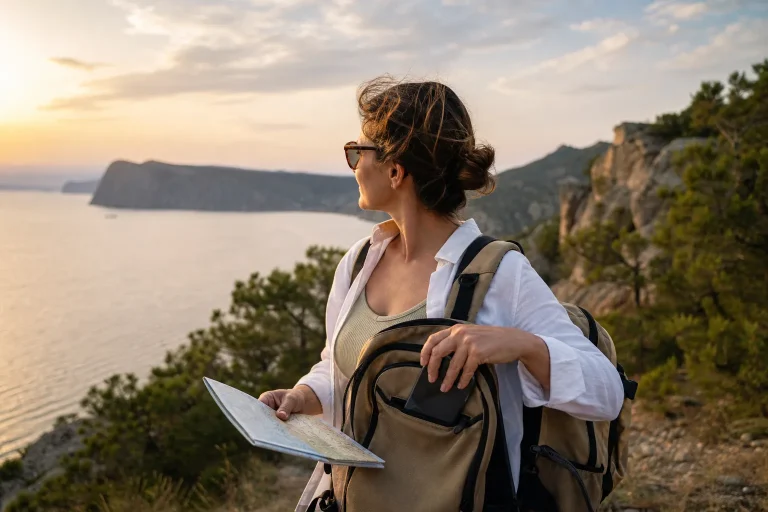 Digital detox in viaggio: viaggiatrice lascia il telefono nella borsa e osserva il paesaggio