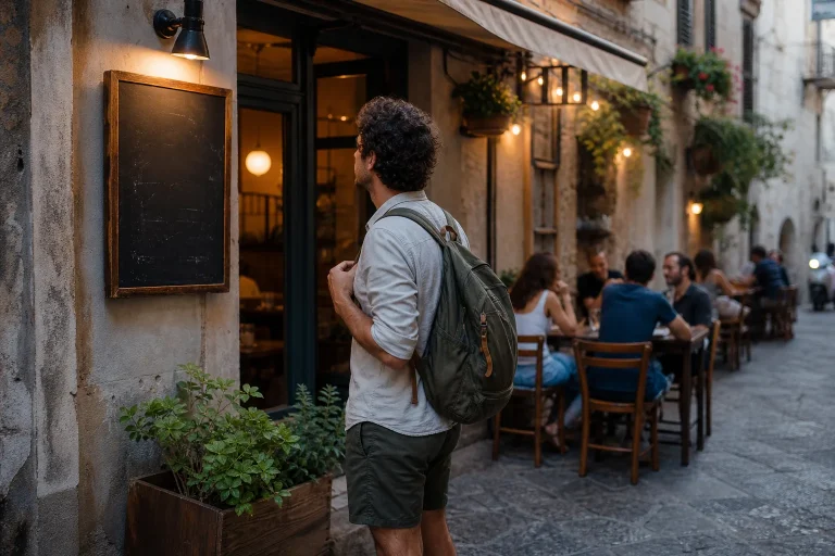 Viaggiatrice osserva il menu di un piccolo ristorante lontano dalla zona più turistica