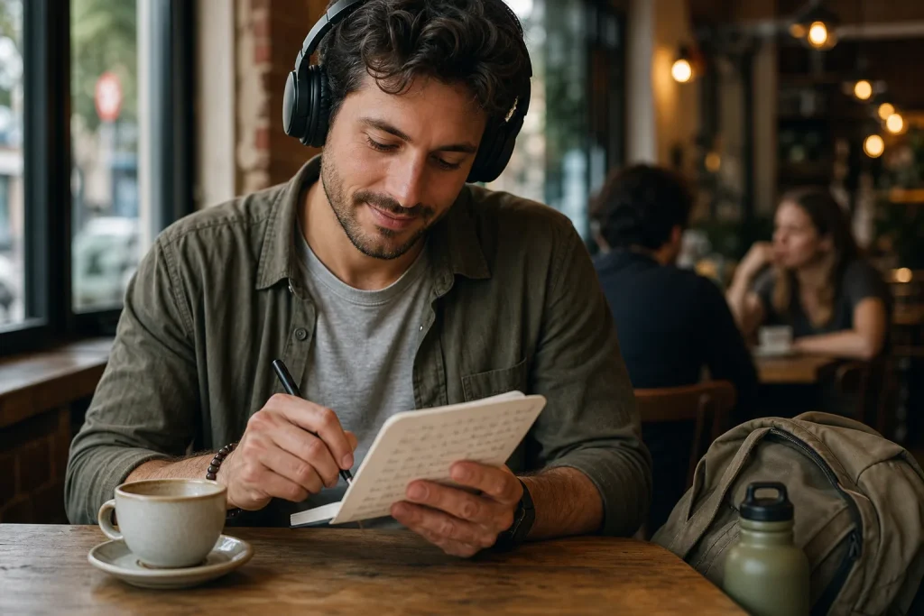 Frasi locali da imparare: viaggiatrice ripassa frasi locali su un piccolo taccuino
