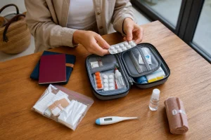 Kit salute da viaggio ordinato con confezioni e materiale di primo soccorso