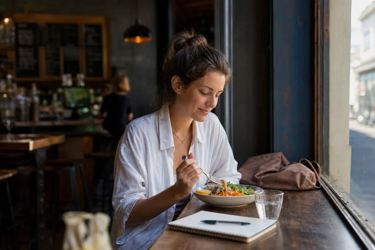 Viaggiatrice mangia da sola con serenità in un piccolo bistrot durante il viaggio