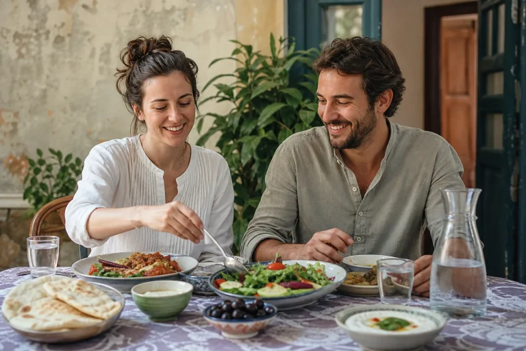 Mangiare equilibrato in viaggio: viaggiatori condividono piatti locali equilibrati in una trattoria