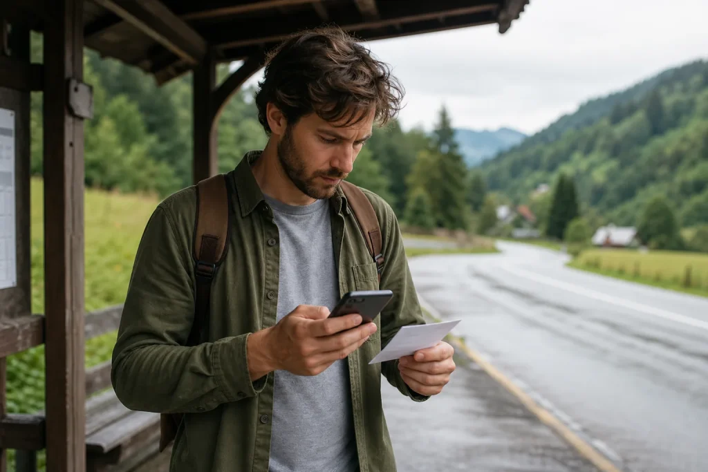 Viaggiatrice consulta una mappa offline sul telefono in una zona senza connessione