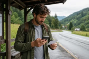 Viaggiatrice consulta una mappa offline sul telefono in una zona senza connessione