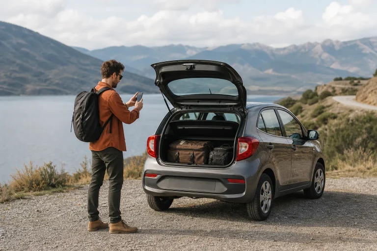 Noleggiare auto da soli: viaggiatore solo controlla un’auto a noleggio prima di un road trip