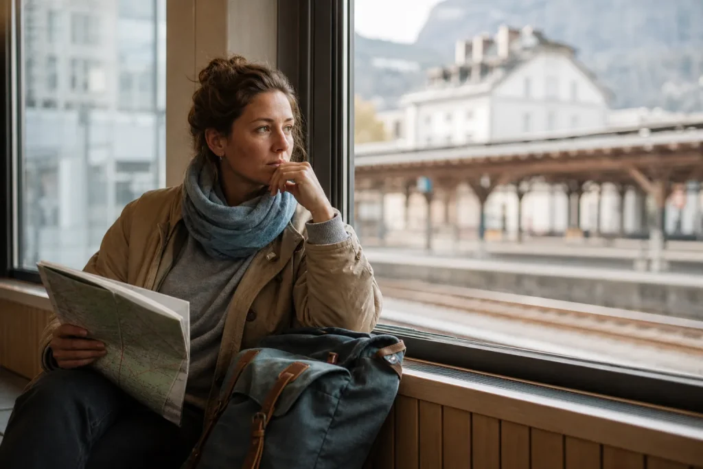 Viaggiatore solo osserva una mappa prima di superare la paura di partire