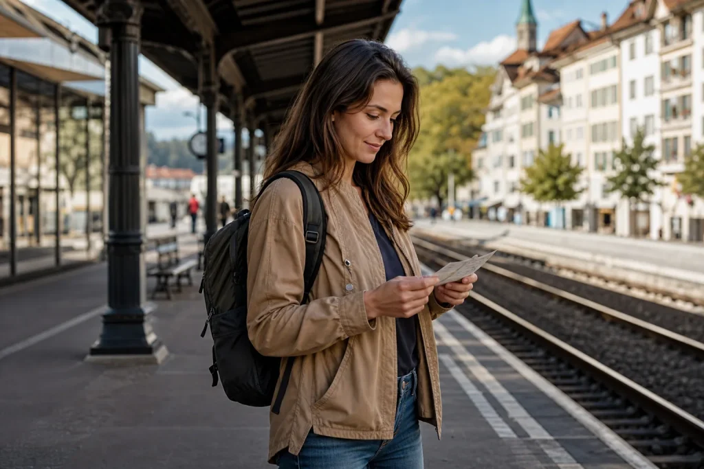 Viaggiatrice sola con piccolo zaino in una stazione per il primo weekend da sola