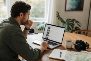 Viaggiatrice legge recensioni recenti di un alloggio prima di prenotare