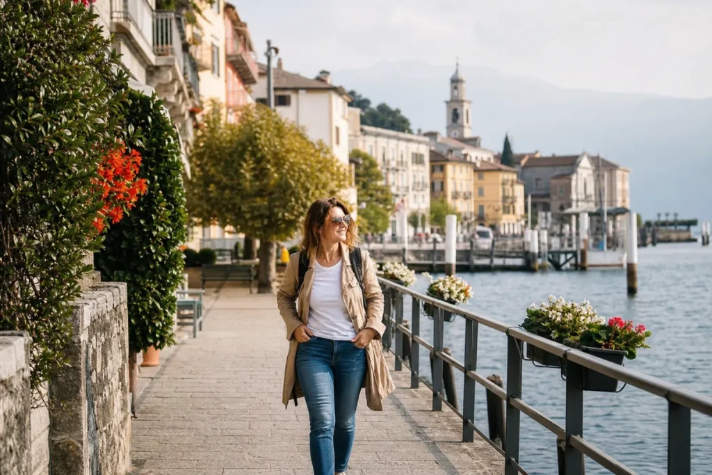 Restare attivi in vacanza: viaggiatrice cammina attivamente lungo un percorso urbano panoramico