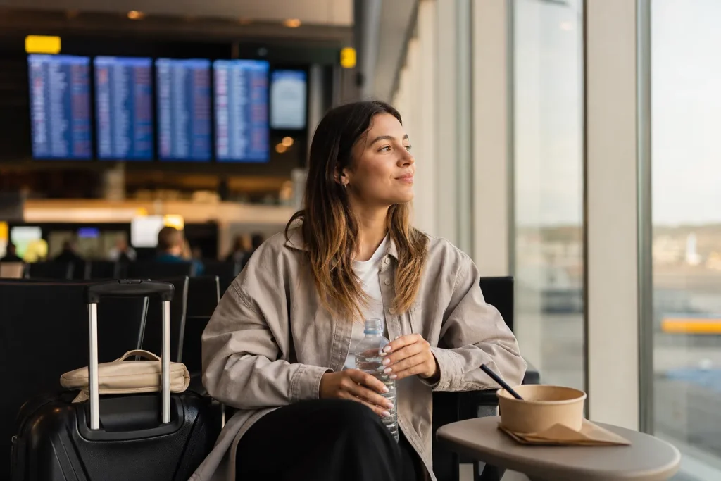 Viaggiatore riposa e organizza uno scalo lungo in aeroporto
