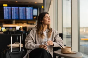 Viaggiatore riposa e organizza uno scalo lungo in aeroporto