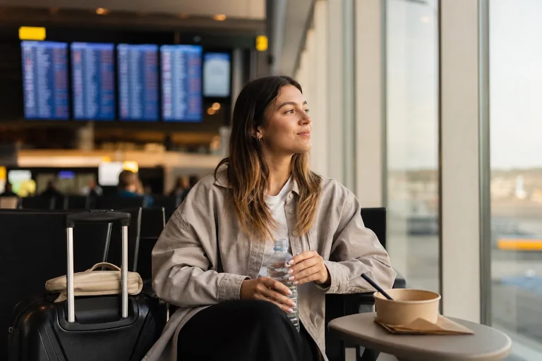 Viaggiatore riposa e organizza uno scalo lungo in aeroporto