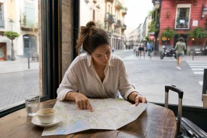Viaggiatrice confronta quartieri su una mappa per scegliere dove dormire