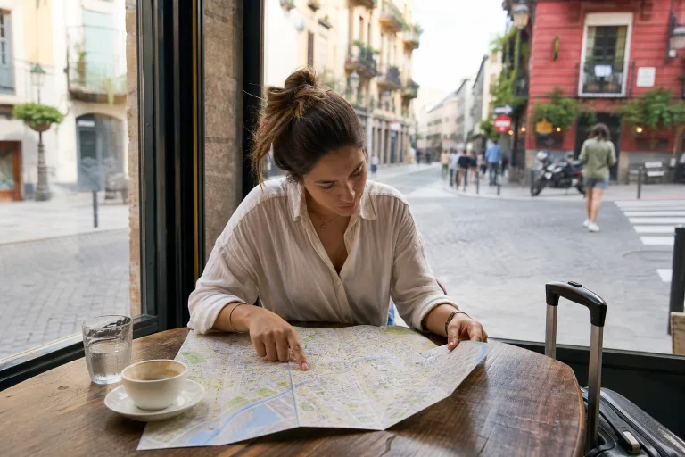 Viaggiatrice confronta quartieri su una mappa per scegliere dove dormire