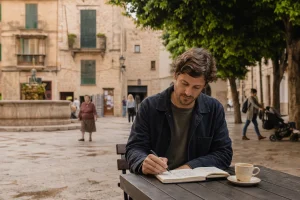 Viaggiatore pratica slow travel in una tranquilla piazza di quartiere