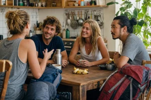 Piccolo gruppo conversa nella cucina comune di un ostello