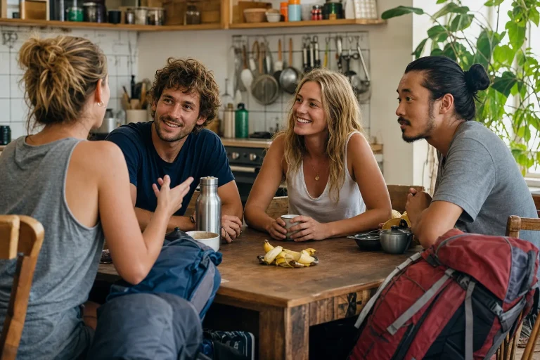 Piccolo gruppo conversa nella cucina comune di un ostello