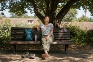 Stanchezza da viaggio: viaggiatrice riposa su una panchina tranquilla durante un viaggio