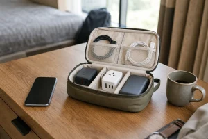 Kit ordinato di tecnologia da viaggio con pochi cavi e adattatore