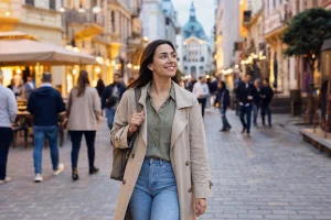 Viaggiatrice sola cammina su una strada centrale illuminata durante la sera