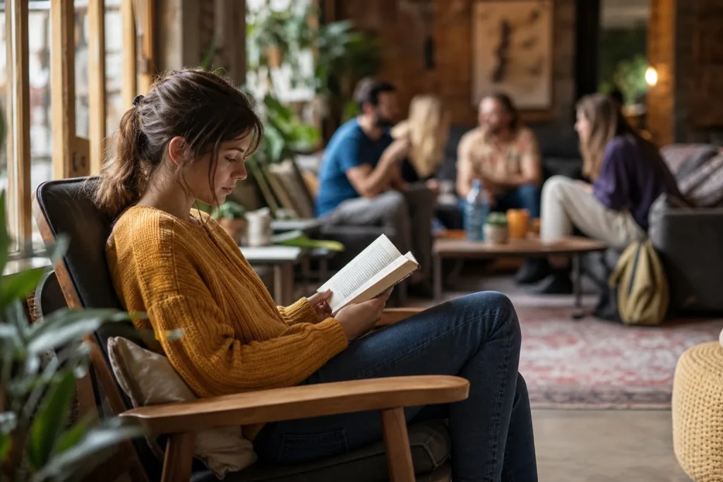 Viaggiatore introverso legge in un angolo tranquillo durante un viaggio da solo