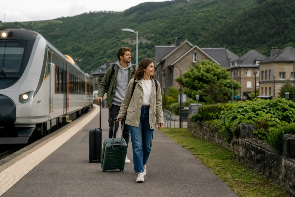 Viaggiare in modo sostenibile: viaggiatori raggiungono una destinazione in treno con bagagli leggeri